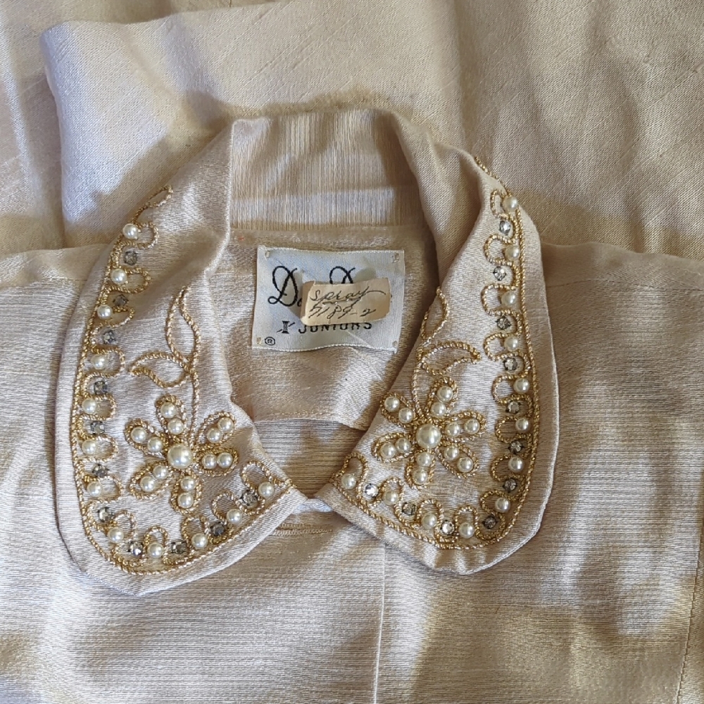 Vintage Embellished Cream Dress with Gold And Pearl Accents